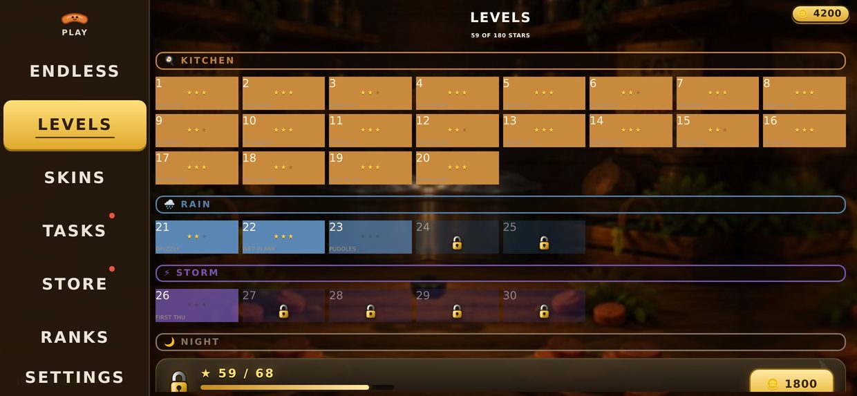 The level select grid with three-star tiles and a locked Rain section
